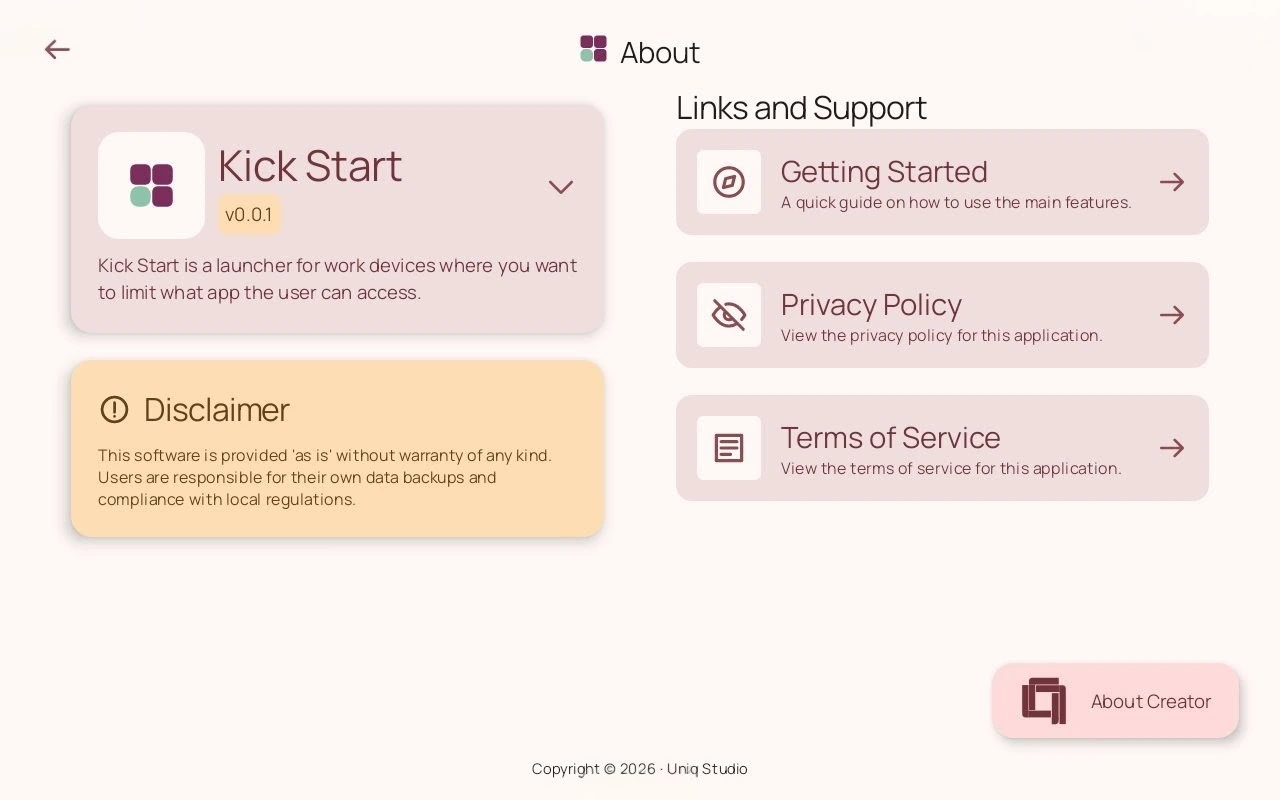 About screen, showing information about the app, and relevant support buttons