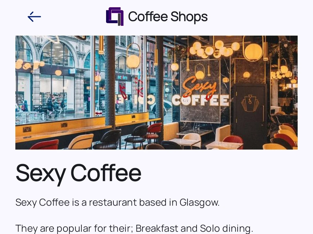 Screen showing a coffee shop listing in My City