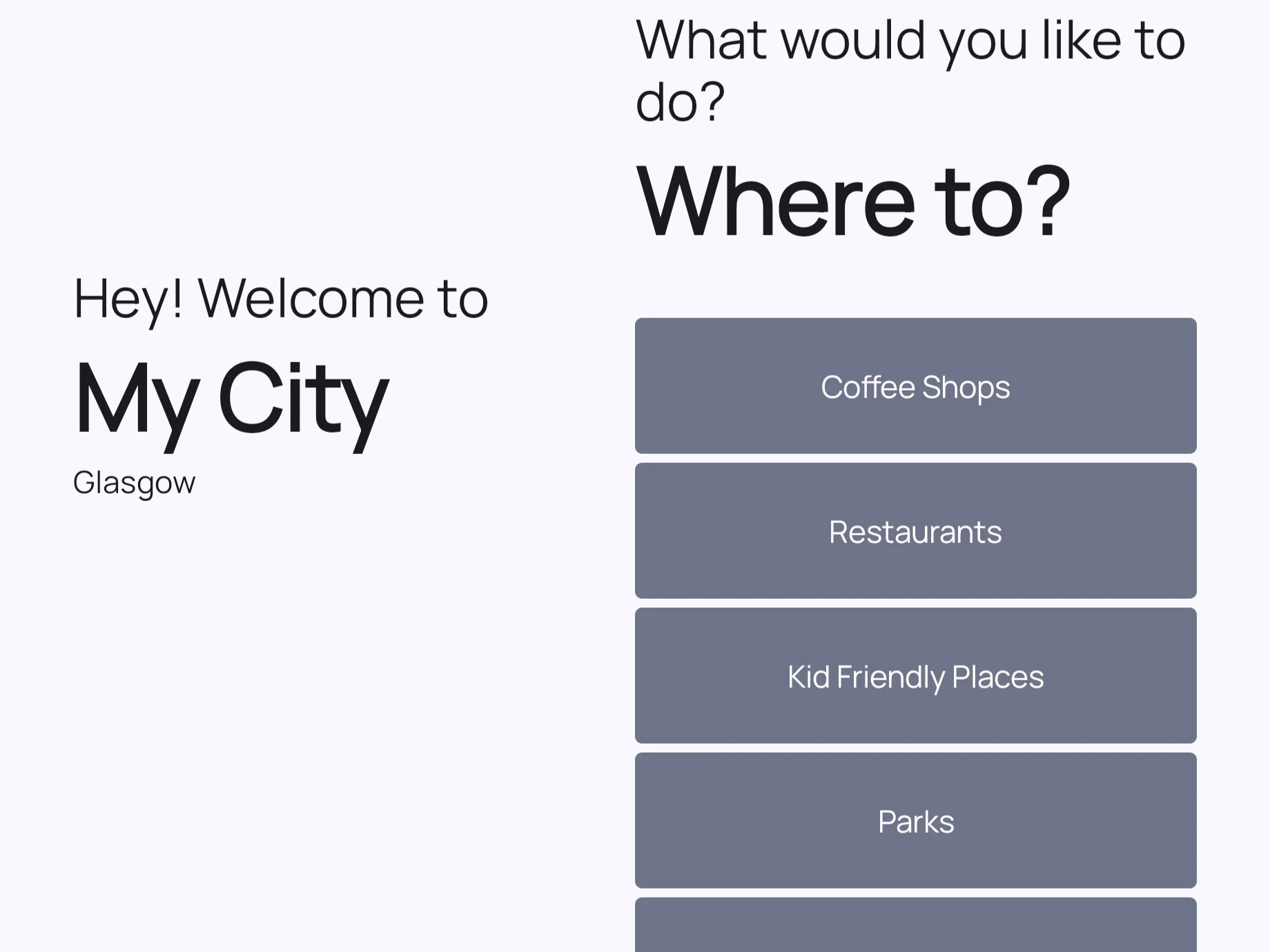 Start Screen with 5 Options for the user to select from